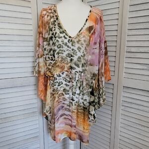 Swim Coverup Multicolored Animal Print Relaxed Wing Sleeve Sheer Zinch Waist